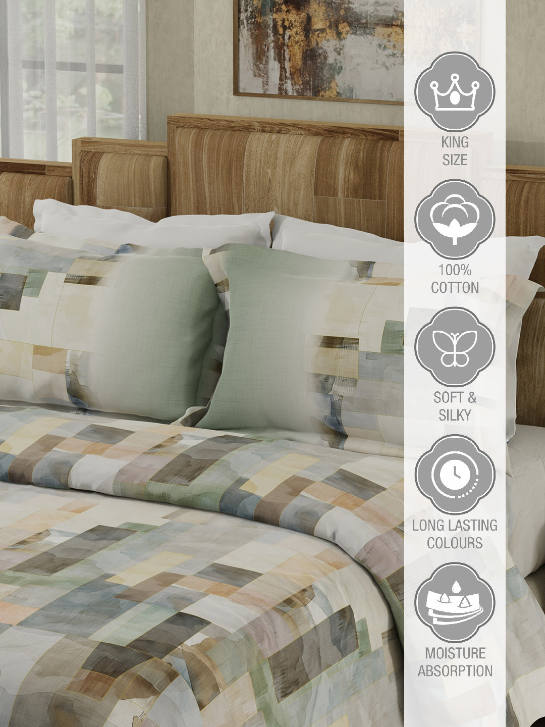 Gardenia Augusta 100% Cotton 300 TC Grey Digitally Printed King Bedsheet with 2 Pillow Covers