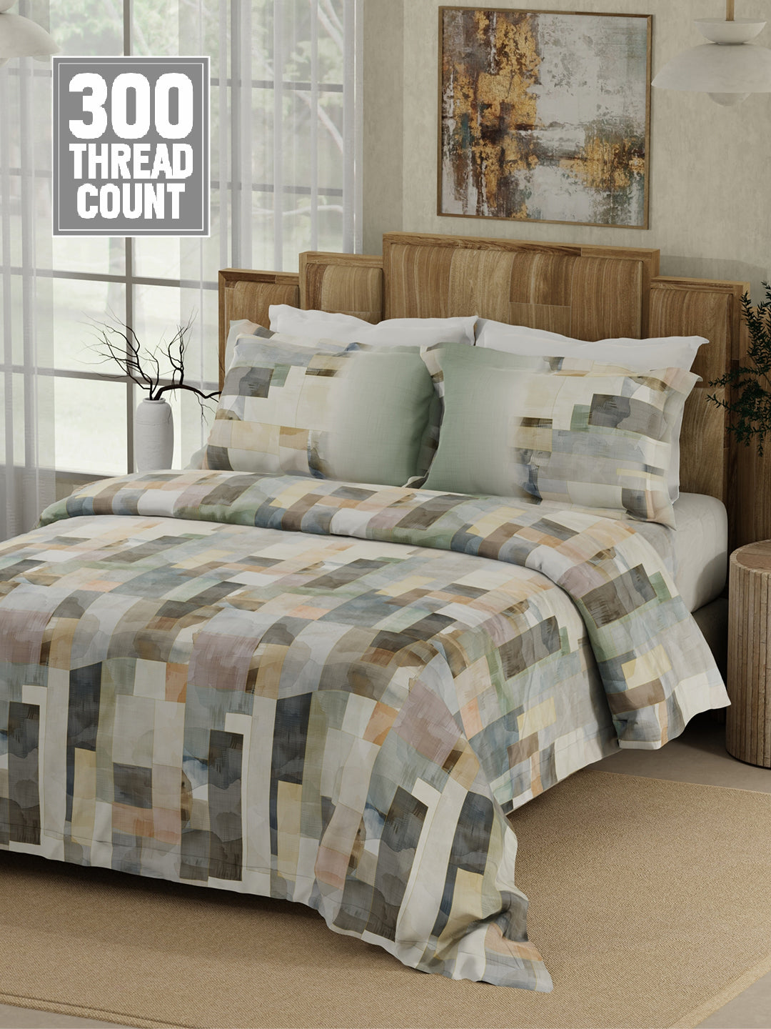 Gardenia Augusta 100% Cotton 300 TC Grey Digitally Printed King Bedsheet with 2 Pillow Covers