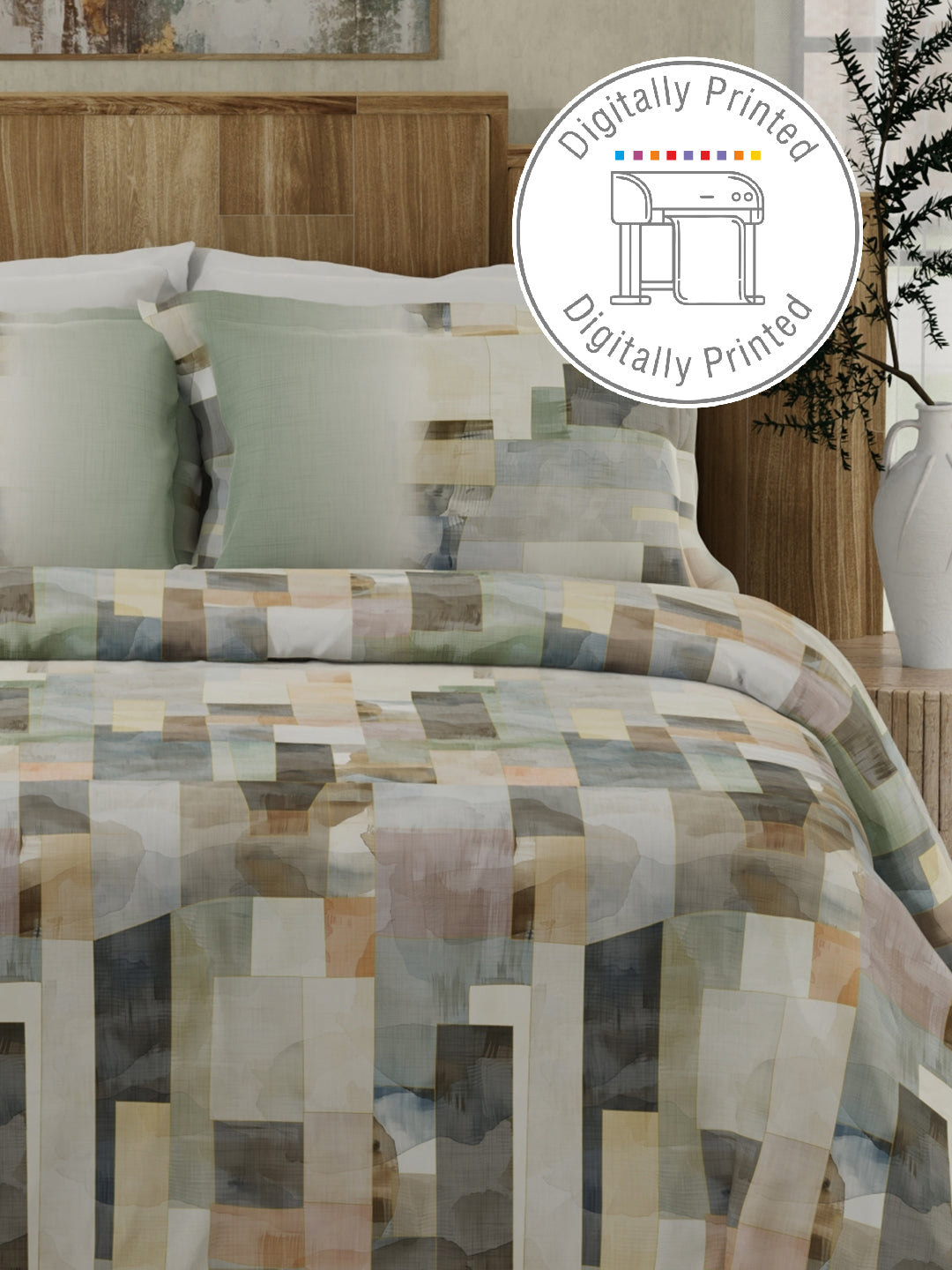 Gardenia Augusta 100% Cotton 300 TC Grey Digitally Printed King Bedsheet with 2 Pillow Covers