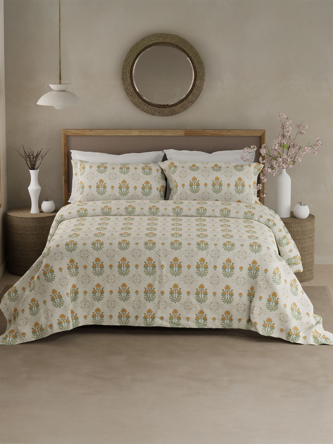 100% Kasturi Cotton King Bedsheet Set, 200 TC Beige & Yellow Floral, Indo Musk