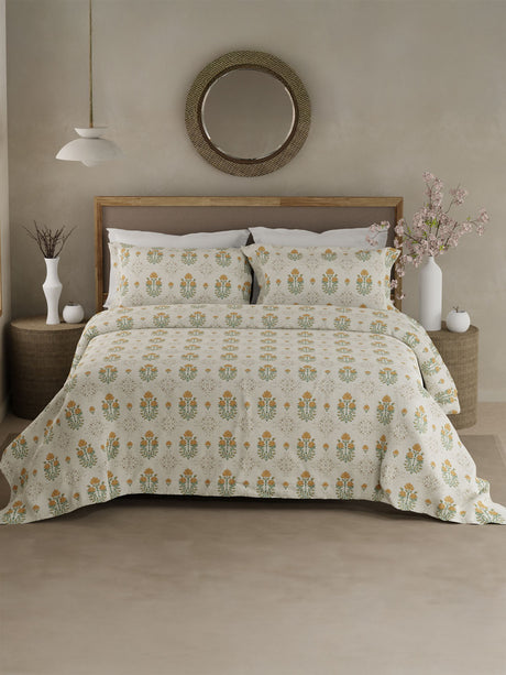 100% Kasturi Cotton King Bedsheet Set, 200 TC Beige & Yellow Floral, Indo Musk