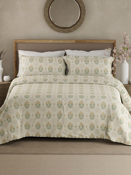 Indo Musk 100% Kasturi Cotton 200 TC Beige & Yellow Floral King Bedsheet with 2 Pillow Covers