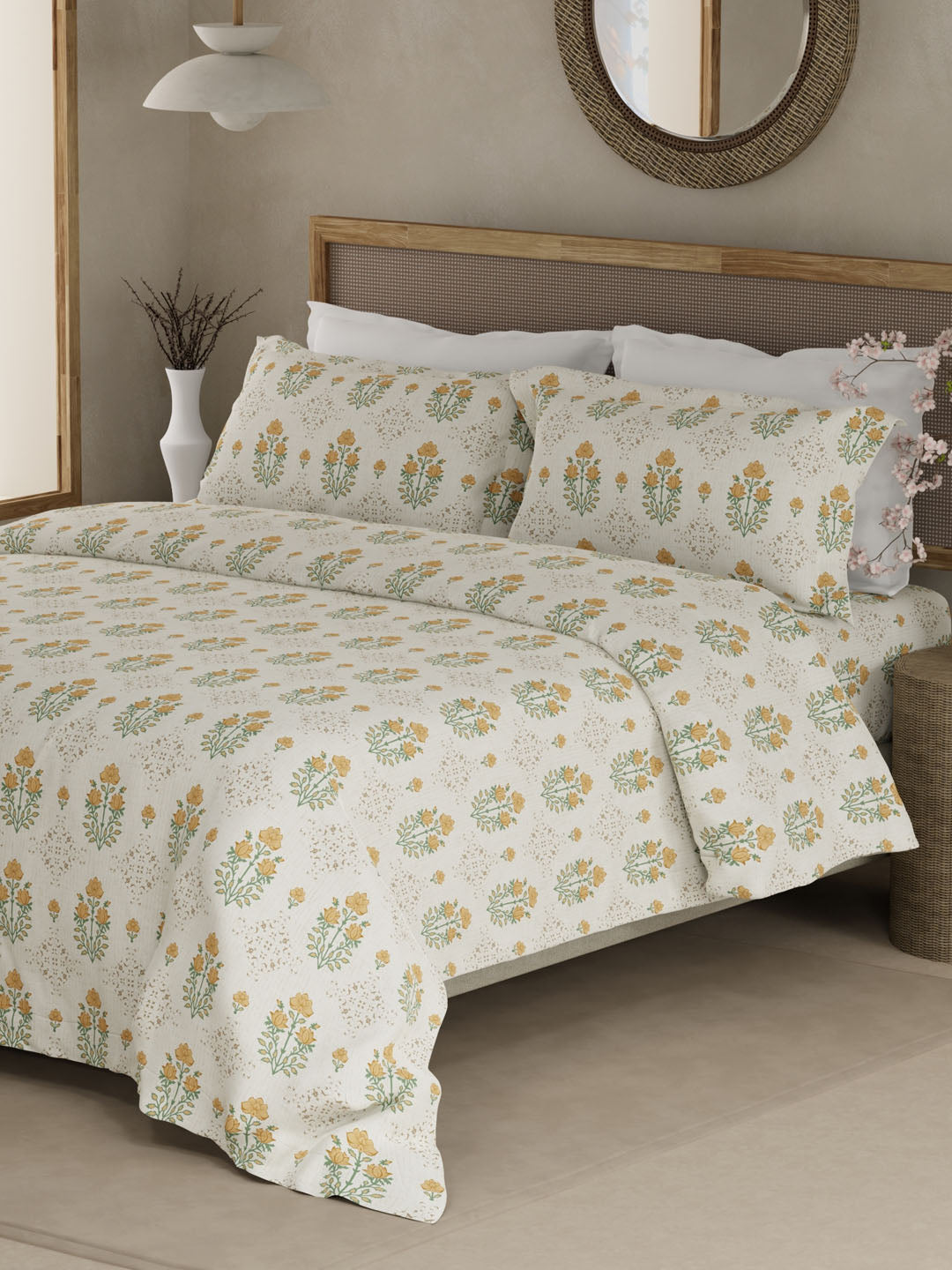 100% Kasturi Cotton King Bedsheet Set, 200 TC Beige & Yellow Floral, Indo Musk