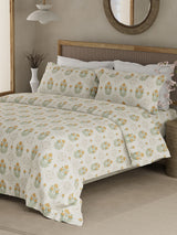 100% Kasturi Cotton King Bedsheet Set, 200 TC Beige & Yellow Floral, Indo Musk