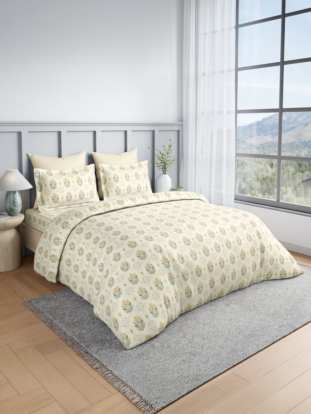 100% Kasturi Cotton King Bedsheet Set, 200 TC Beige & Yellow Floral, Indo Musk