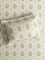 100% Kasturi Cotton King Bedsheet Set, 200 TC Beige & Yellow Floral, Indo Musk