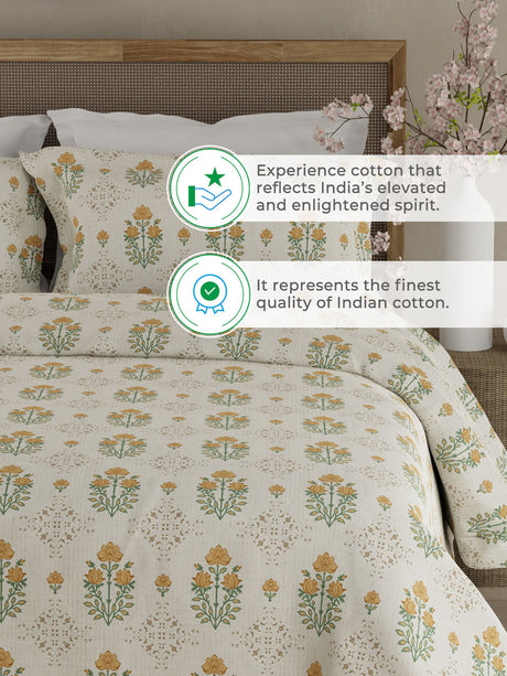 100% Kasturi Cotton King Bedsheet Set, 200 TC Beige & Yellow Floral, Indo Musk