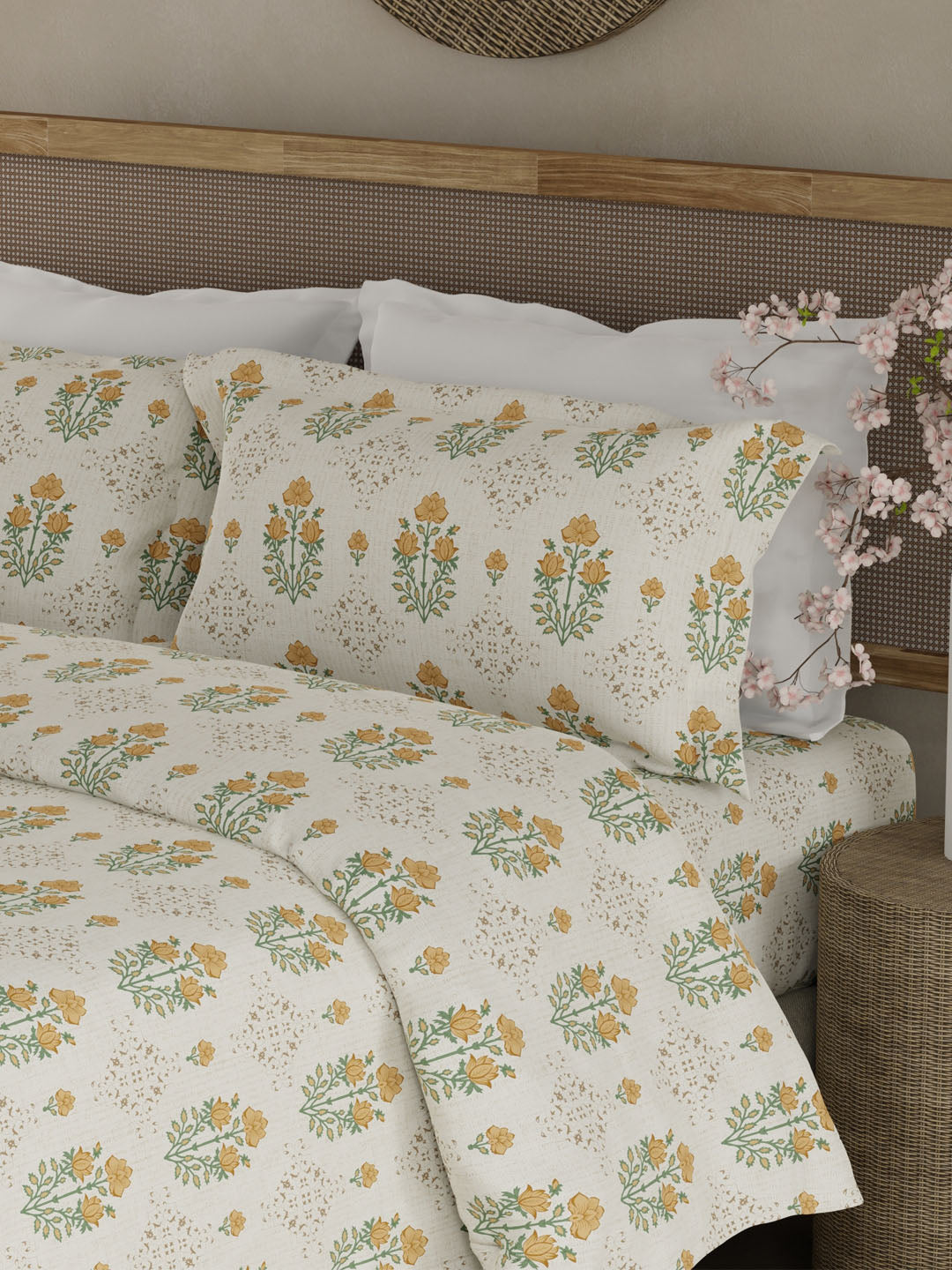 100% Kasturi Cotton King Bedsheet Set, 200 TC Beige & Yellow Floral, Indo Musk