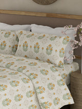 100% Kasturi Cotton King Bedsheet Set, 200 TC Beige & Yellow Floral, Indo Musk