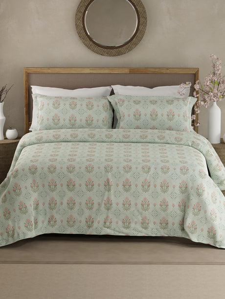 Indo Musk 100% Kasturi Cotton 200 TC Grey & Pink Floral King Bedsheet with 2 Pillow Covers
