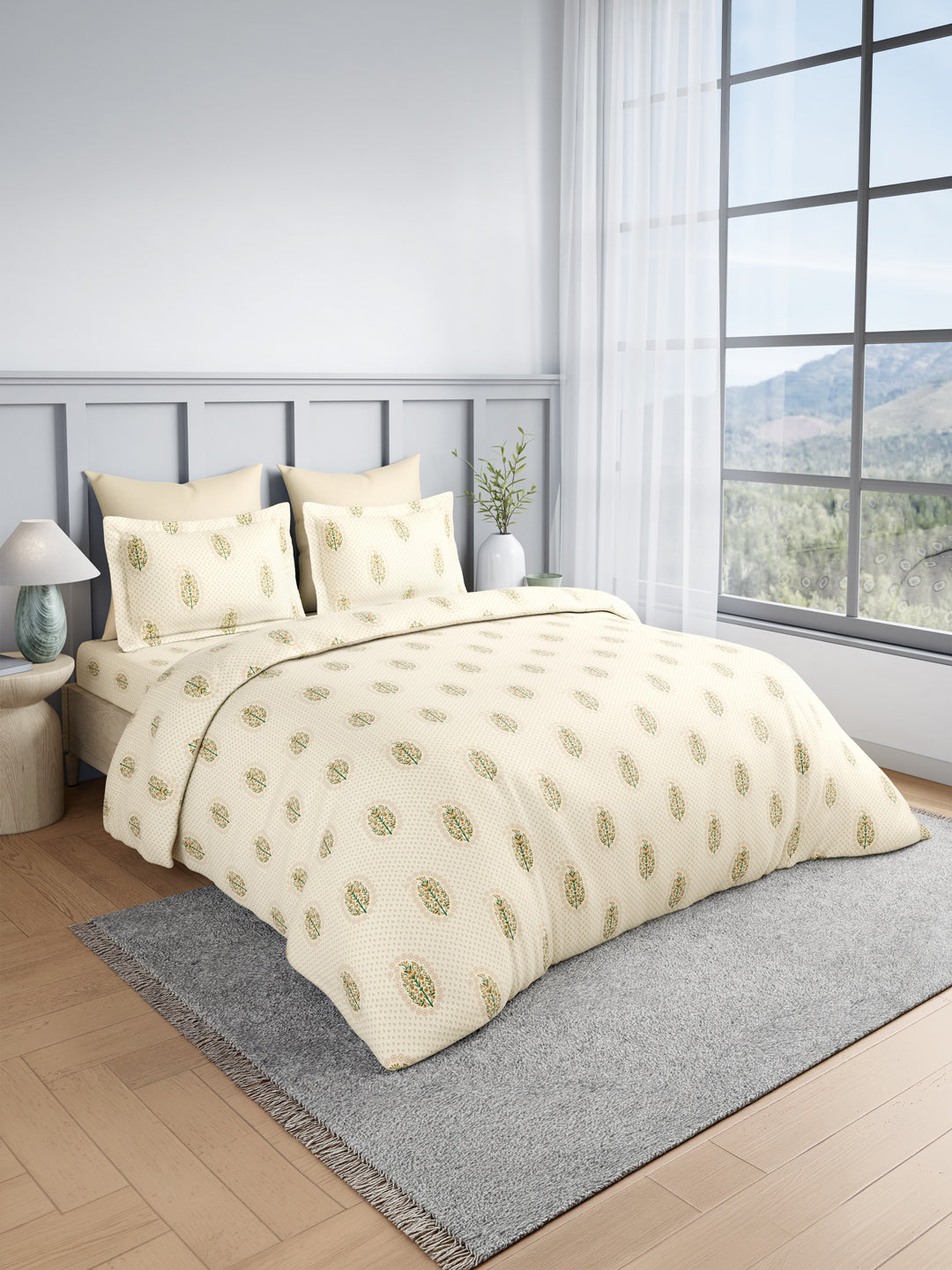 100% Kasturi Cotton King Bedsheet Set, 200 TC Cream Floral, Indo Musk