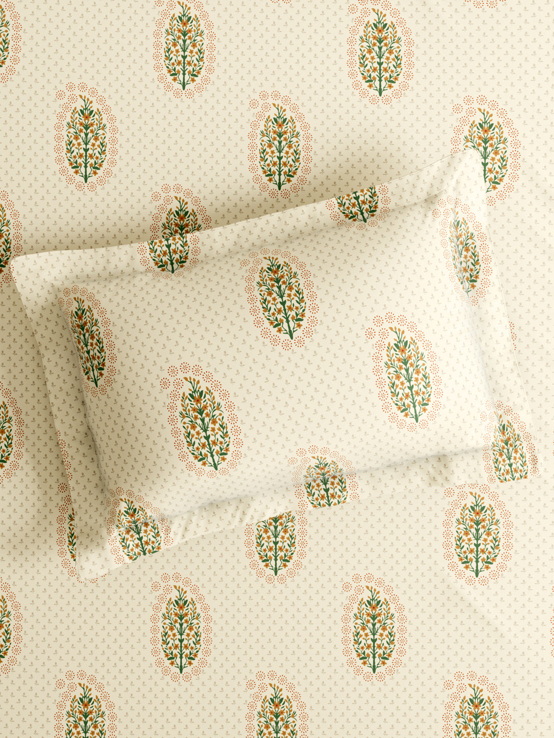 100% Kasturi Cotton King Bedsheet Set, 200 TC Cream Floral, Indo Musk