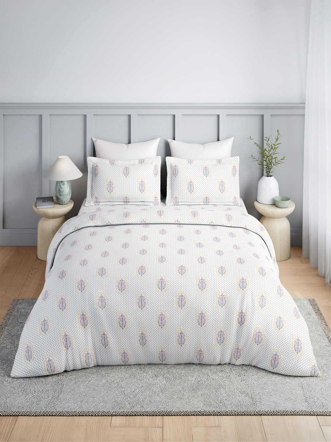 100% Kasturi Cotton King Bedsheet Set, 200 TC White & Grey Floral, Indo Musk