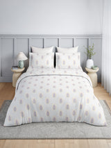 100% Kasturi Cotton King Bedsheet Set, 200 TC White & Grey Floral, Indo Musk