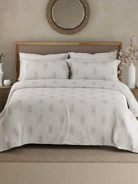 Indo Musk 100% Kasturi Cotton 200 TC White & Grey Floral King Bedsheet with 2 Pillow Covers
