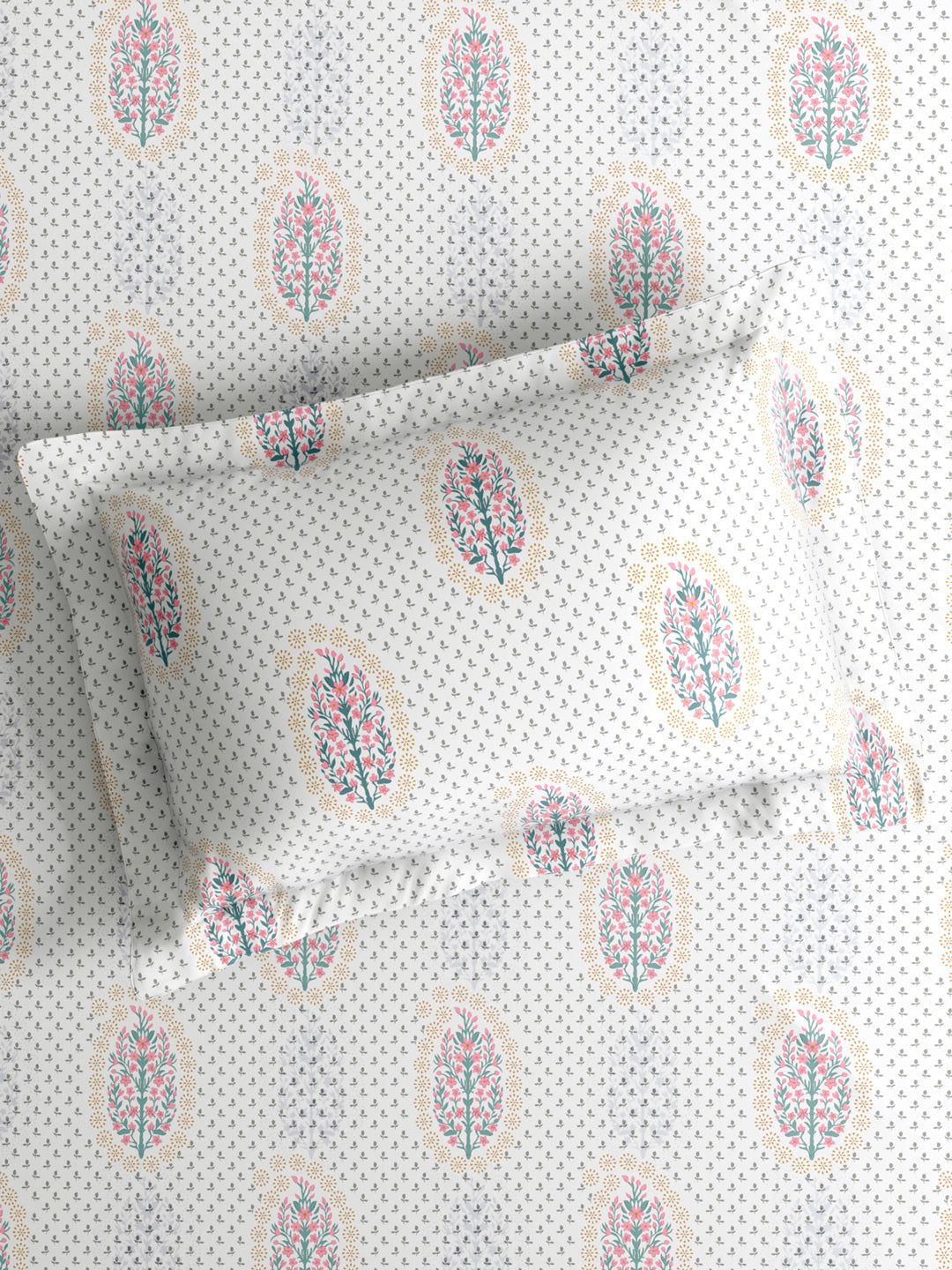 100% Kasturi Cotton King Bedsheet Set, 200 TC White & Grey Floral, Indo Musk