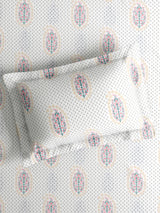 100% Kasturi Cotton King Bedsheet Set, 200 TC White & Grey Floral, Indo Musk