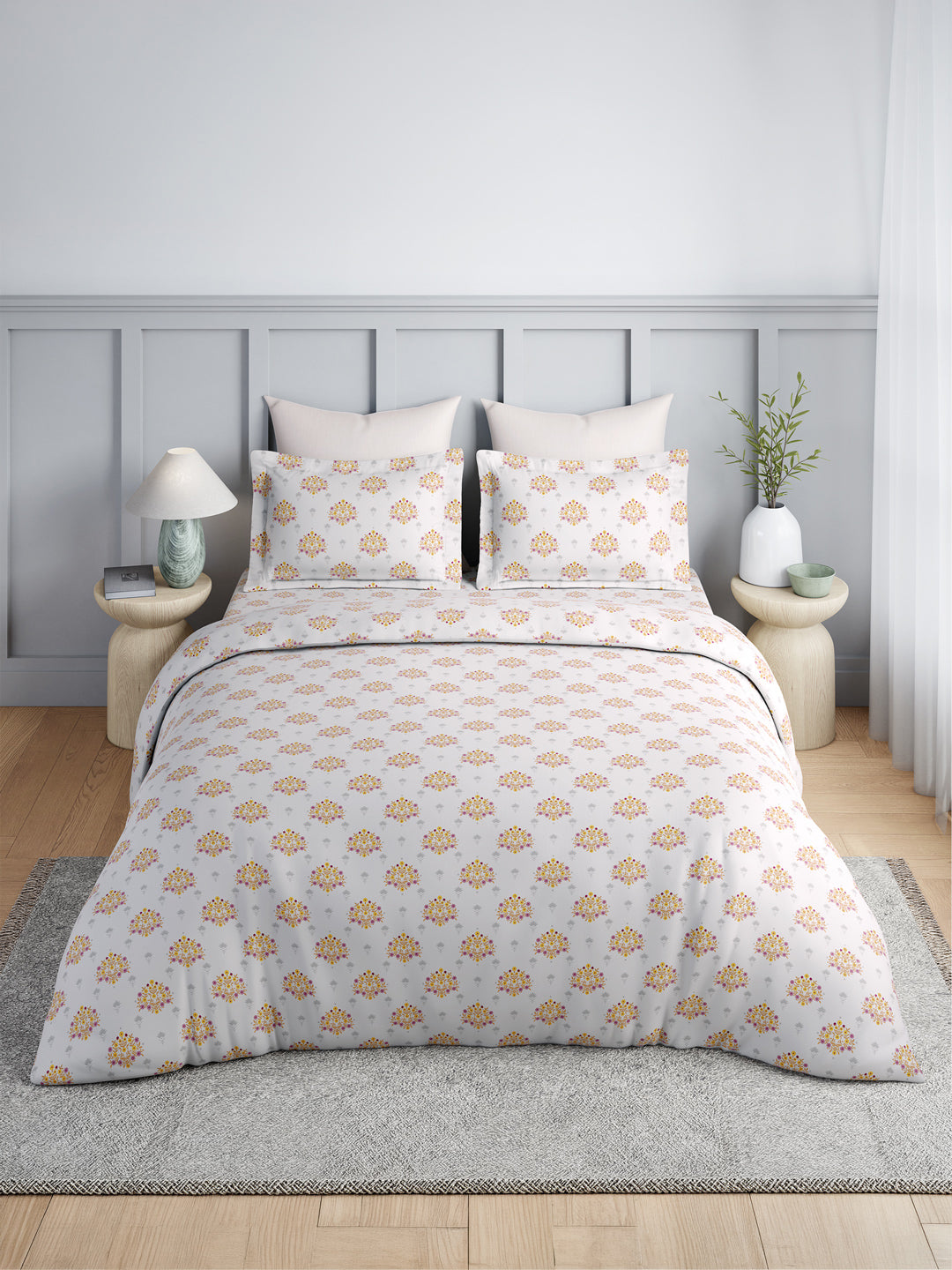 100% Kasturi Cotton King Bedsheet Set, 200 TC White Yellow & Pink Floral, Indo Musk