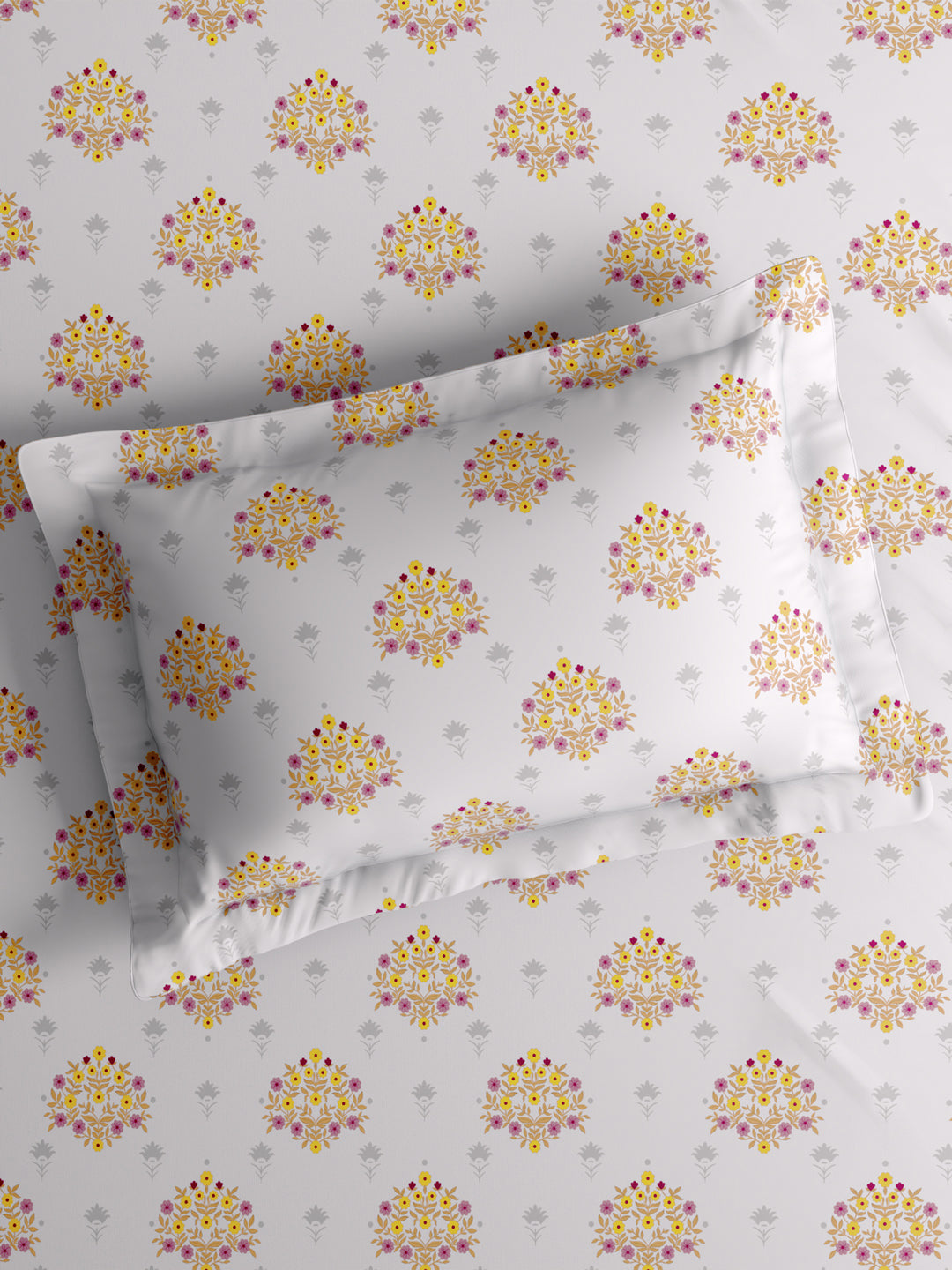 100% Kasturi Cotton King Bedsheet Set, 200 TC White Yellow & Pink Floral, Indo Musk