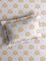 100% Kasturi Cotton King Bedsheet Set, 200 TC White Yellow & Pink Floral, Indo Musk