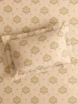 100% Kasturi Cotton King Bedsheet Set, 200 TC Light Yellow Floral, Indo Musk