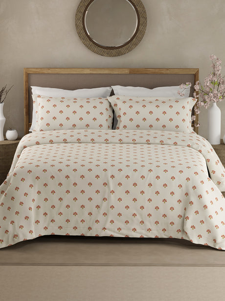 Indo Musk 100% Kasturi Cotton 200 TC White & Red Ethnic Print King Bedsheet with 2 Pillow Covers