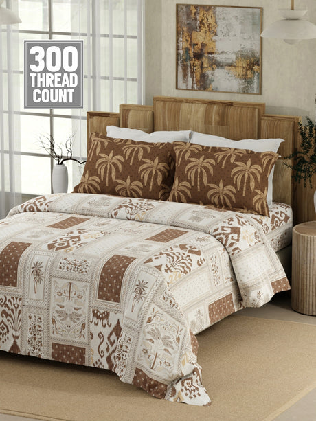Gardenia Augusta 100% Cotton 300 TC Brown & White Digitally Printed King Bedsheet with 2 Pillow Covers