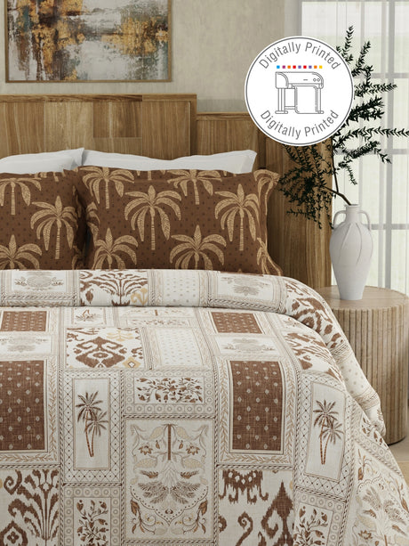 Gardenia Augusta 100% Cotton 300 TC Brown & White Digitally Printed King Bedsheet with 2 Pillow Covers