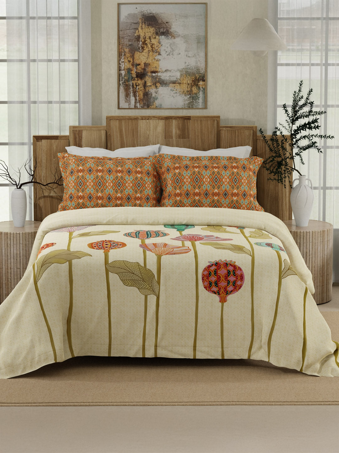Gardenia Augusta 100% Cotton 300 TC Beige Digitally Printed King Bedsheet with 2 Pillow Covers