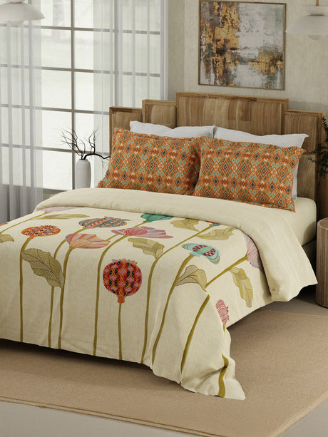 Gardenia Augusta 100% Cotton 300 TC Beige Digitally Printed King Bedsheet with 2 Pillow Covers