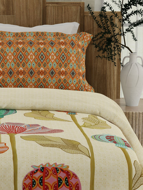 Gardenia Augusta 100% Cotton 300 TC Beige Digitally Printed King Bedsheet with 2 Pillow Covers
