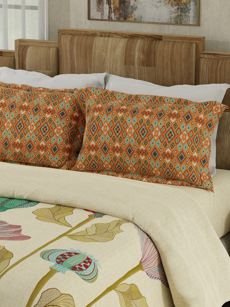 Gardenia Augusta 100% Cotton 300 TC Beige Digitally Printed King Bedsheet with 2 Pillow Covers