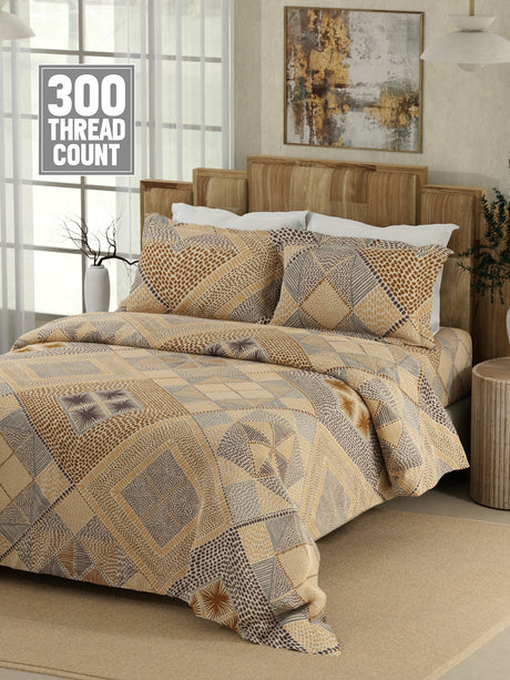 Gardenia Augusta 100% Cotton 300 TC Brown Digitally Printed King Bedsheet with 2 Pillow Covers