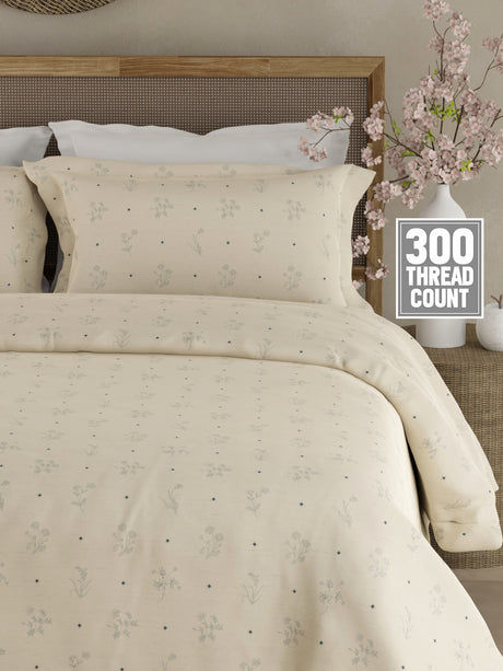 Cottage Garden 100% Organic Cotton 300 TC King Bedsheet with 2 Pillow Covers - Cream & Blue Floral