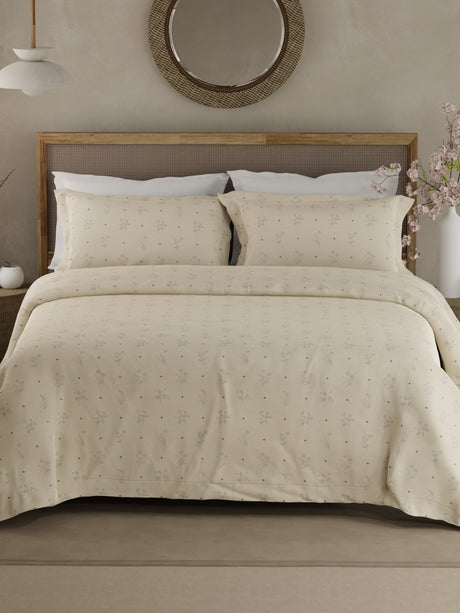 100% Cotton King Bedsheet Set, 300 TC Cream & Blue Floral, Cottage Garden