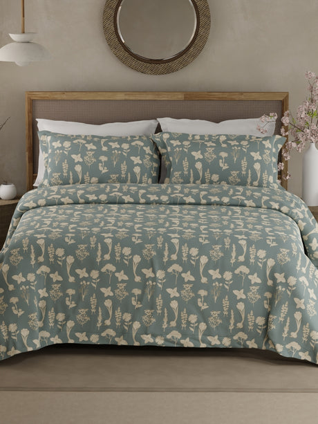 100% Cotton King Bedsheet Set, 300 TC Blue & Cream Floral, Cottage Garden