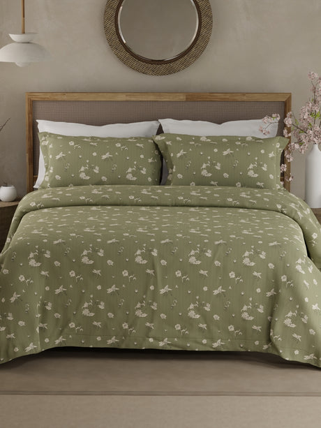 100% Cotton King Bedsheet Set, 300 TC Green & White Floral, Cottage Garden