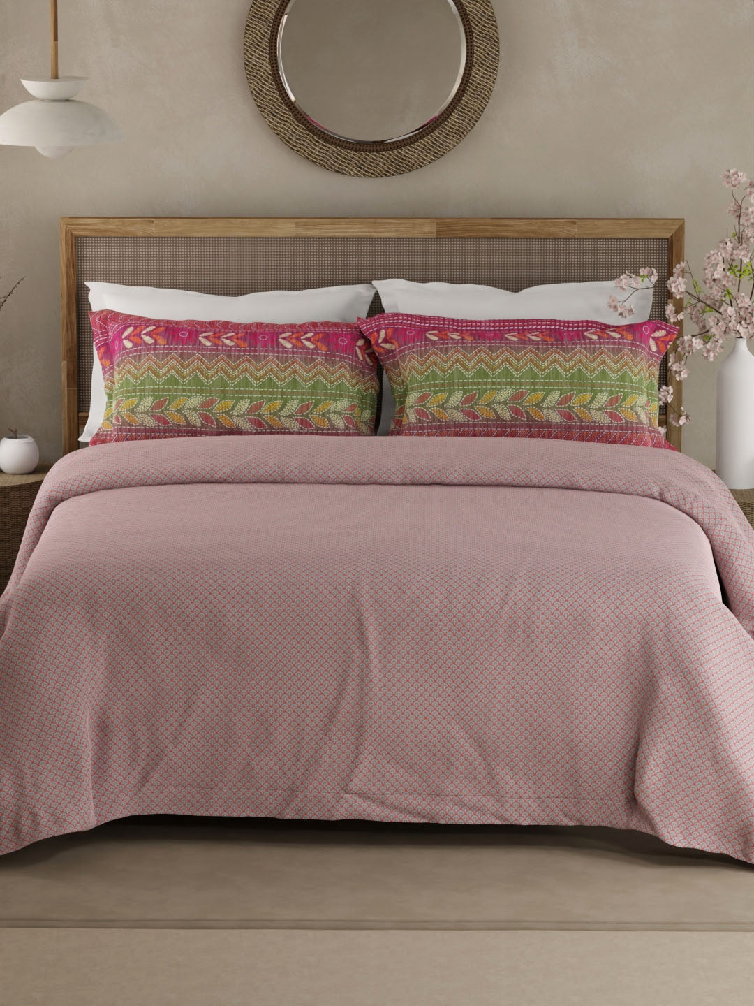 Heritage Walk 100% Egyptian Cotton 200 TC Pink Ethnic Print King Bedsheet with 2 Pillow Covers