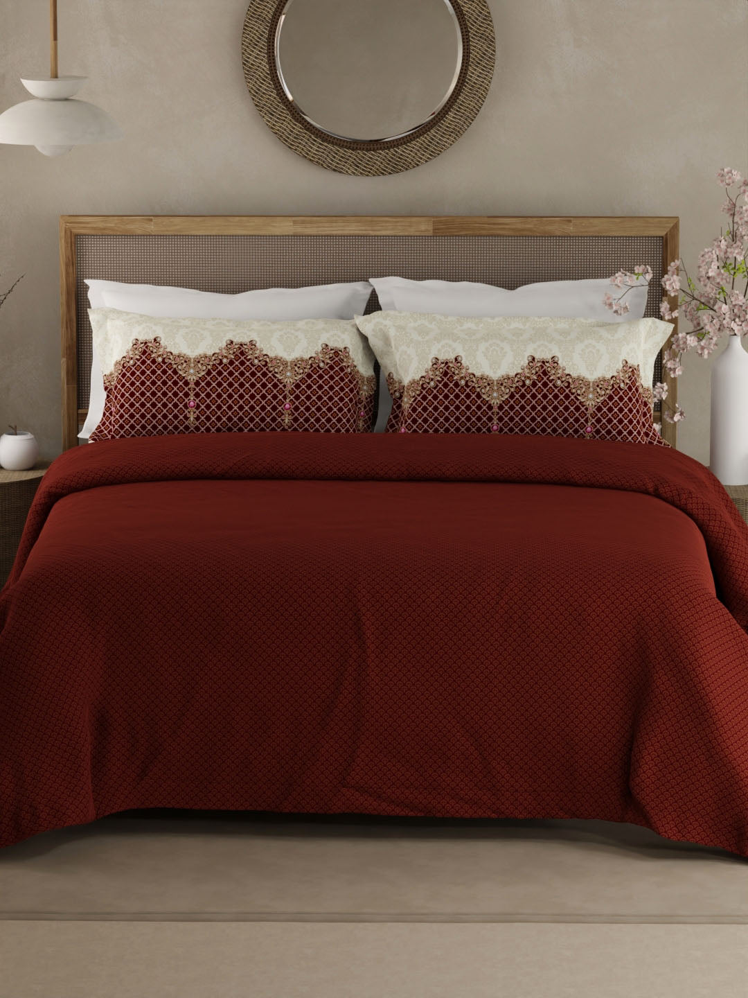 Heritage Walk 100% Egyptian Cotton 200 TC Red Ethnic Print King Bedsheet with 2 Pillow Covers