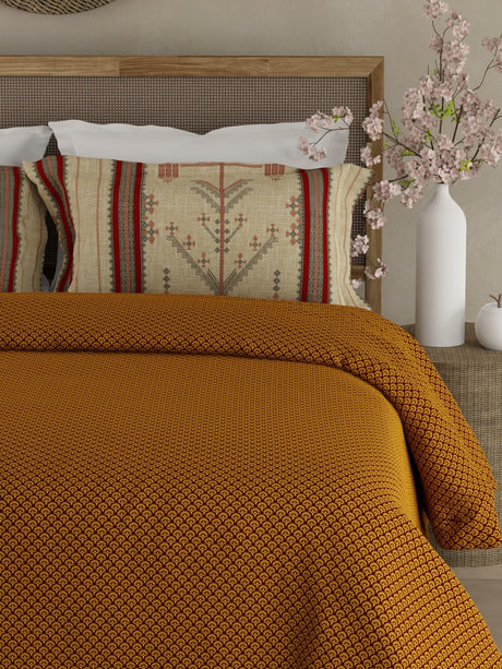 Heritage Walk 100% Egyptian Cotton 200 TC Yellow Ethnic Print King Bedsheet with 2 Pillow Covers