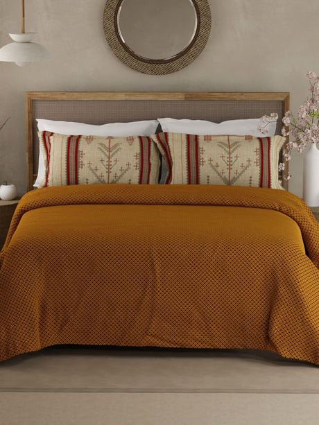 Heritage Walk 100% Egyptian Cotton 200 TC Yellow Ethnic Print King Bedsheet with 2 Pillow Covers