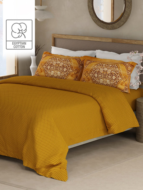 Heritage Walk 100% Egyptian Cotton 200 TC Yellow Ethnic Print King Bedsheet with 2 Pillow Covers