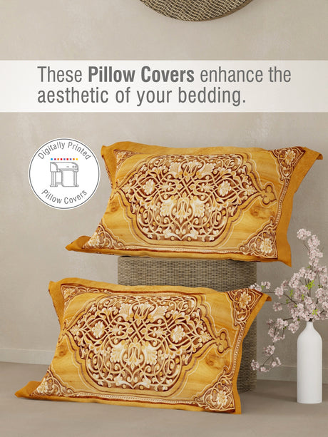 Heritage Walk 100% Egyptian Cotton 200 TC Yellow Ethnic Print King Bedsheet with 2 Pillow Covers