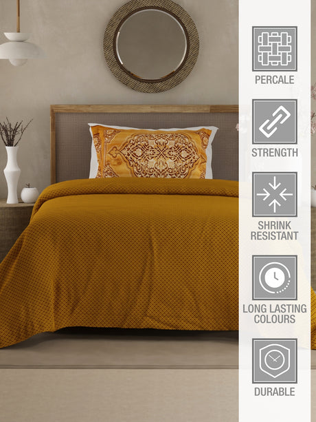 Heritage Walk 100% Egyptian Cotton 200 TC Yellow Ethnic Print Single Bedsheet with 1 Pillow Cover