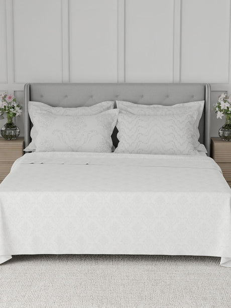 Platinum Pulse 100% Cotton 800 TC White Digitally Printed King Bedsheet with 4 Pillow Covers
