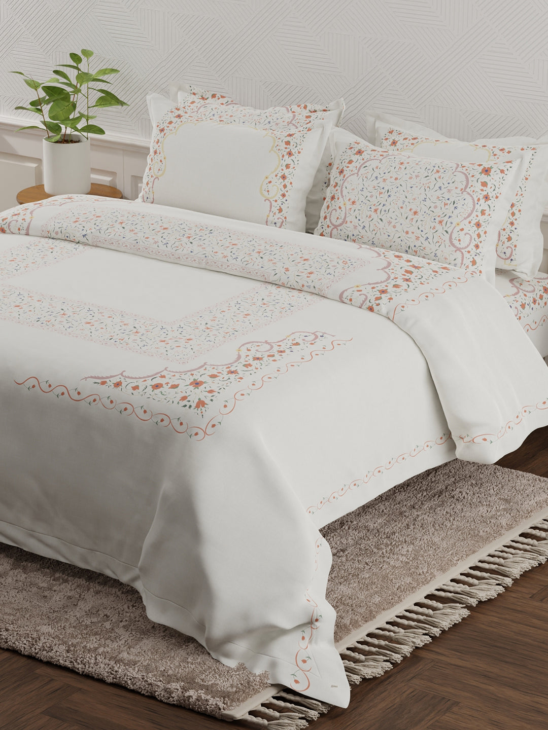 Platinum Pulse 100% Cotton 800 TC White & Red Digital Meenakari Print King Bedsheet with 4 Pillow Covers