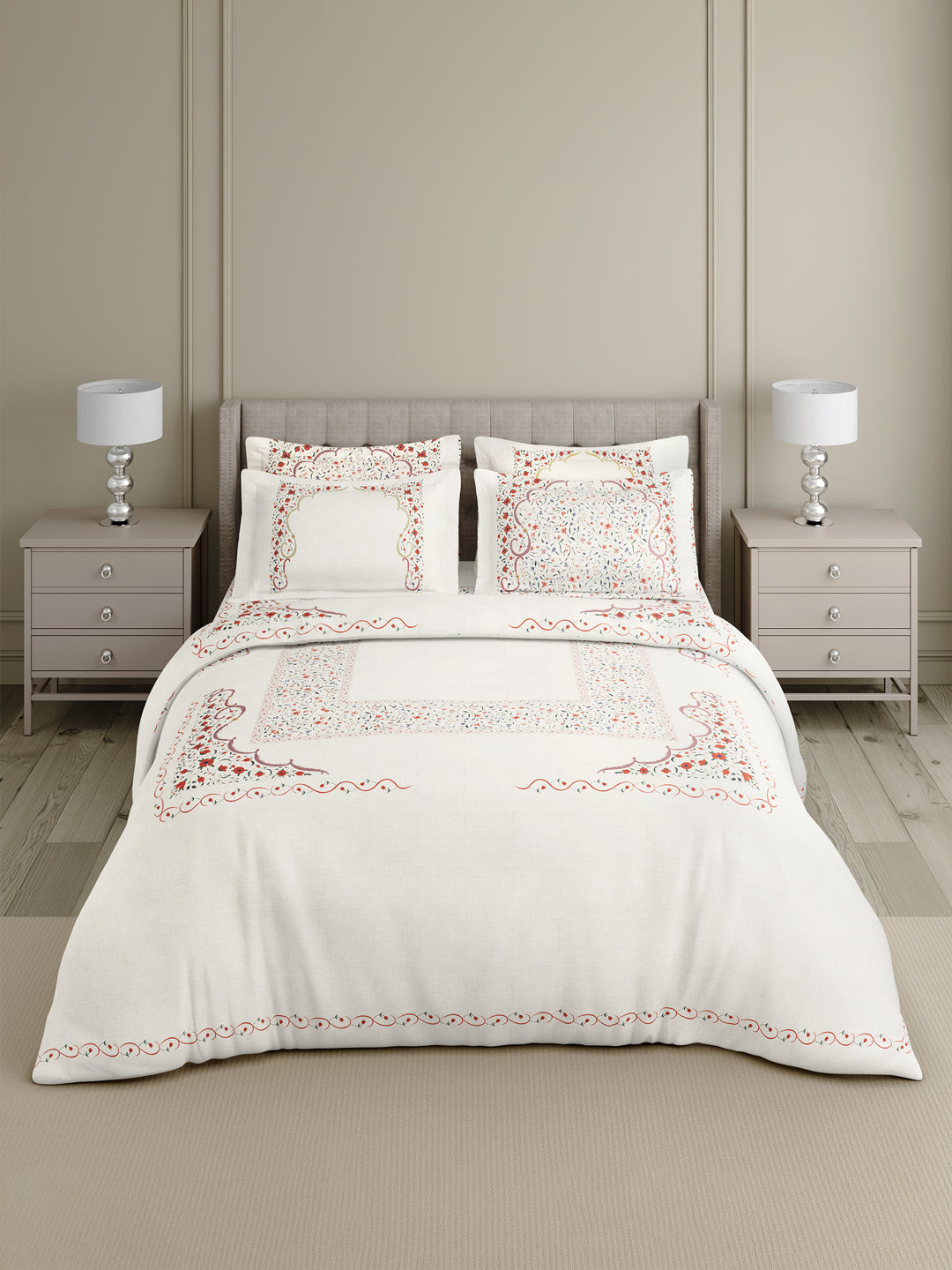 100% Cotton 800 TC King Bedsheet Set, White & Red Digitally Printed, Platinum Pulse Collection, Meenakari Design Prints