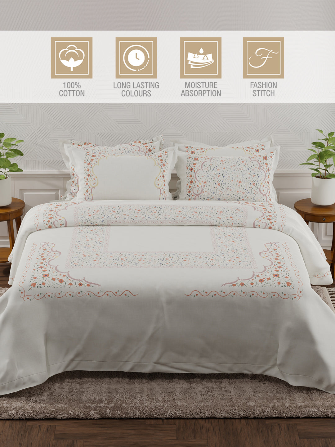 Platinum Pulse 100% Cotton 800 TC White & Red Digital Meenakari Print King Bedsheet with 4 Pillow Covers