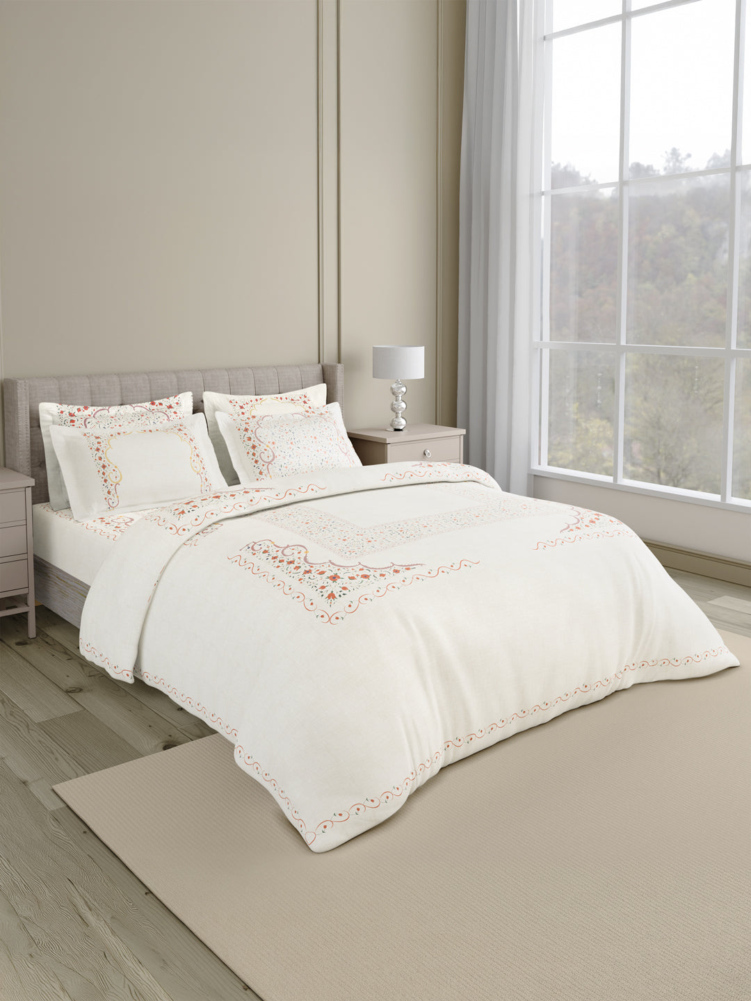 100% Cotton 800 TC King Bedsheet Set, White & Red Digitally Printed, Platinum Pulse Collection, Meenakari Design Prints