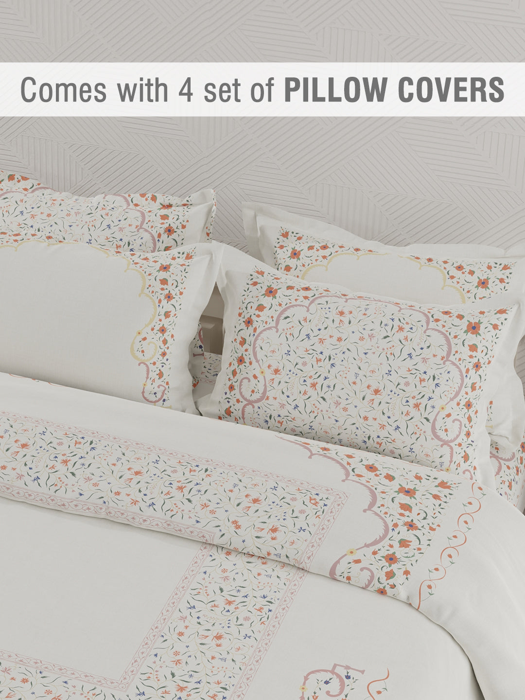 Platinum Pulse 100% Cotton 800 TC White & Red Digital Meenakari Print King Bedsheet with 4 Pillow Covers